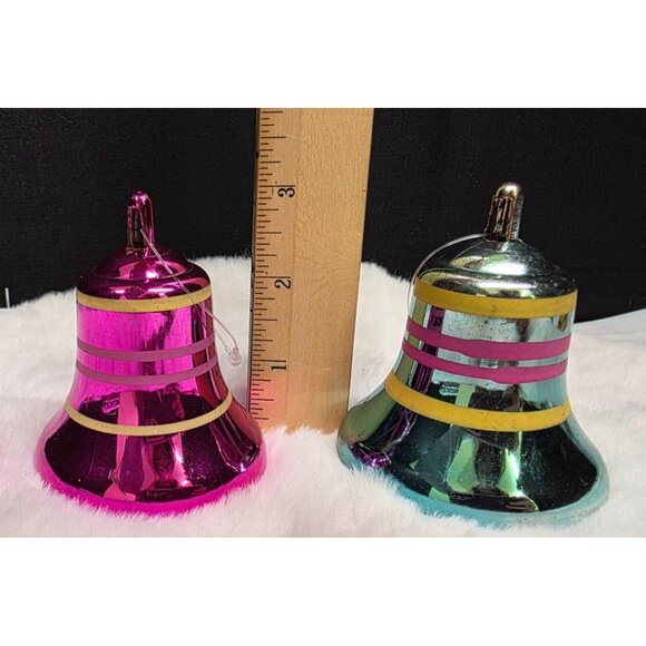 Vintage MCM Metallic Striped Plastic Bradford Christmas Bell Ornaments - Picture 3 of 4